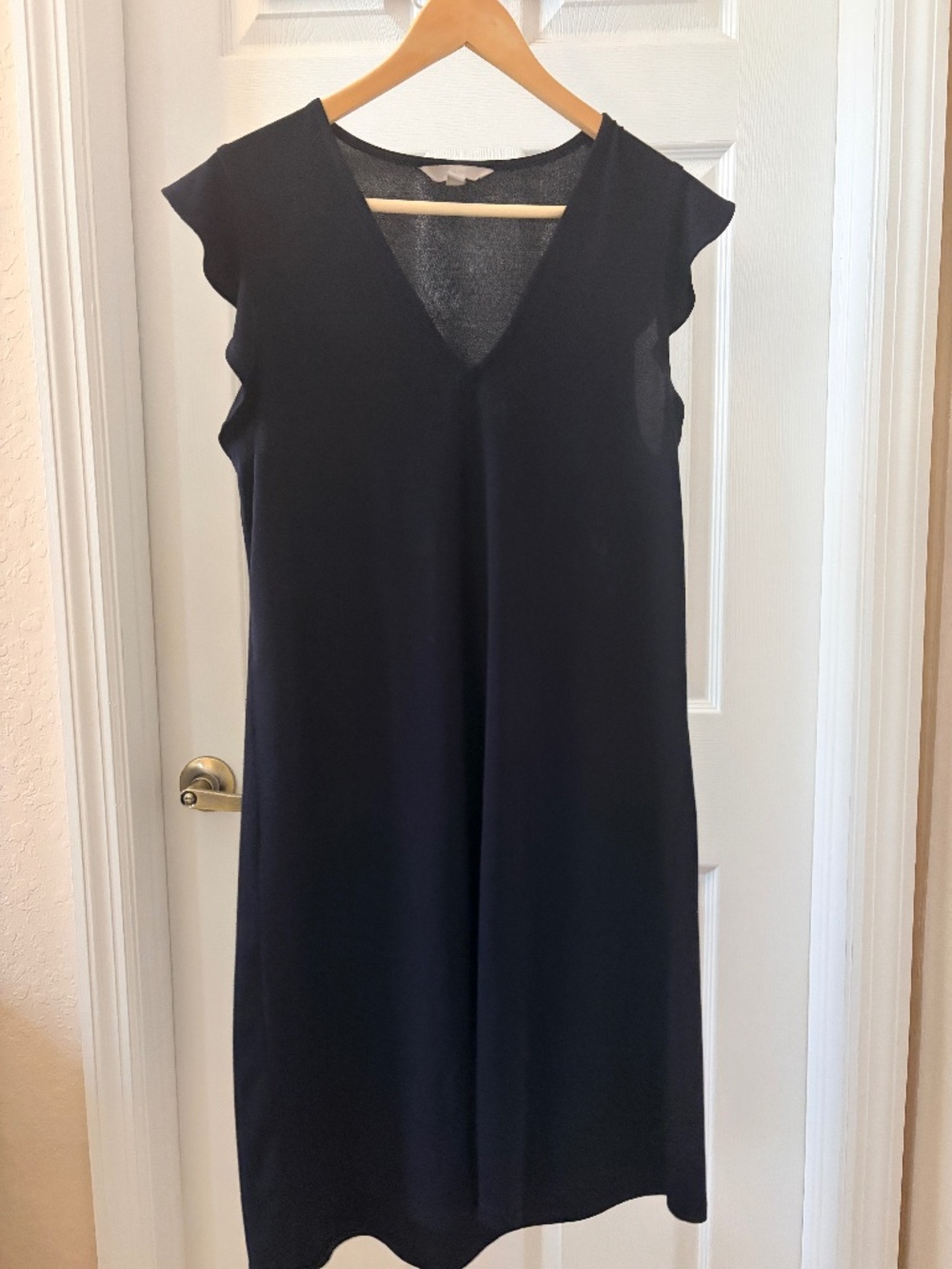 H&M Navy Blue Shift Dress with V-neckline, Ruffle cap Sleeves Relaxed Silhouette